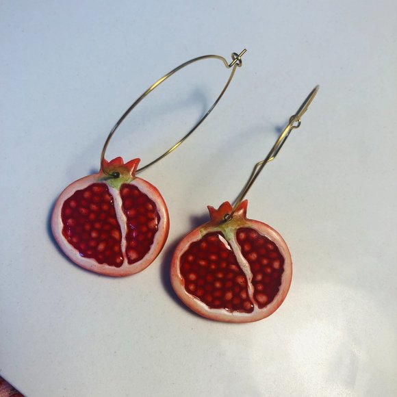 Red Pomegranate Hoop Earrings with Gold Hoops (Made with Polymer Clay & Resin) - Picture 10 of 12